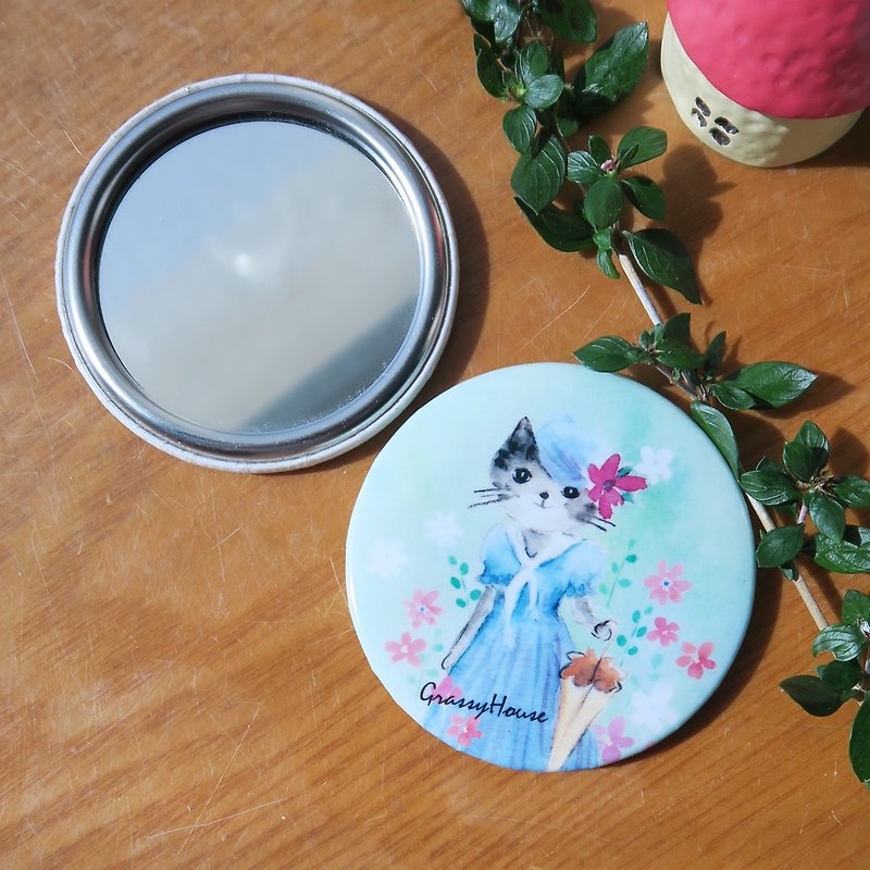 Portable Illustration Small Round Mirror-Miss Cat - Makeup Brushes - Stainless Steel Blue