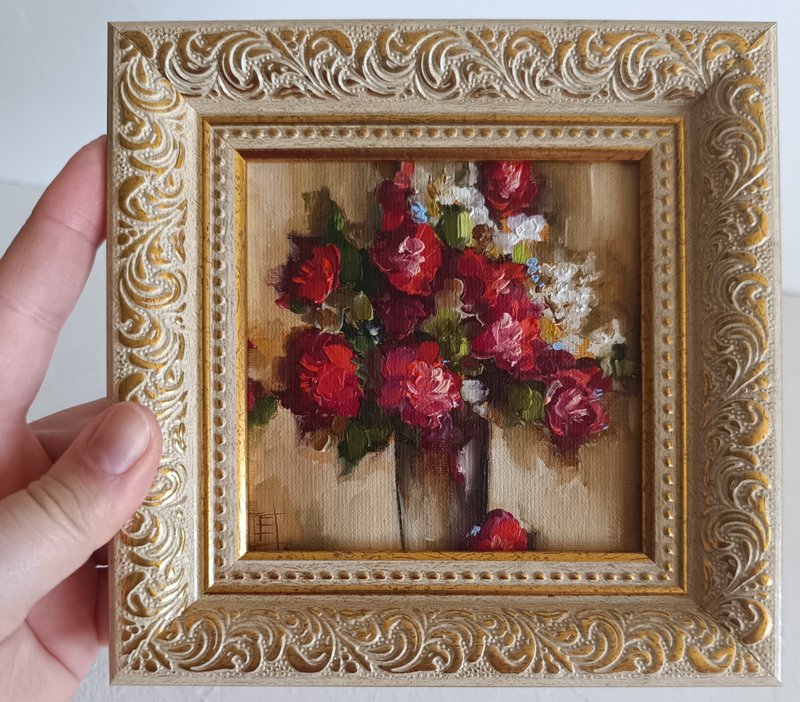 花瓶中的花束 油畫 靜物 10*10 厘米 - 壁貼/牆壁裝飾 - 其他材質 紅色