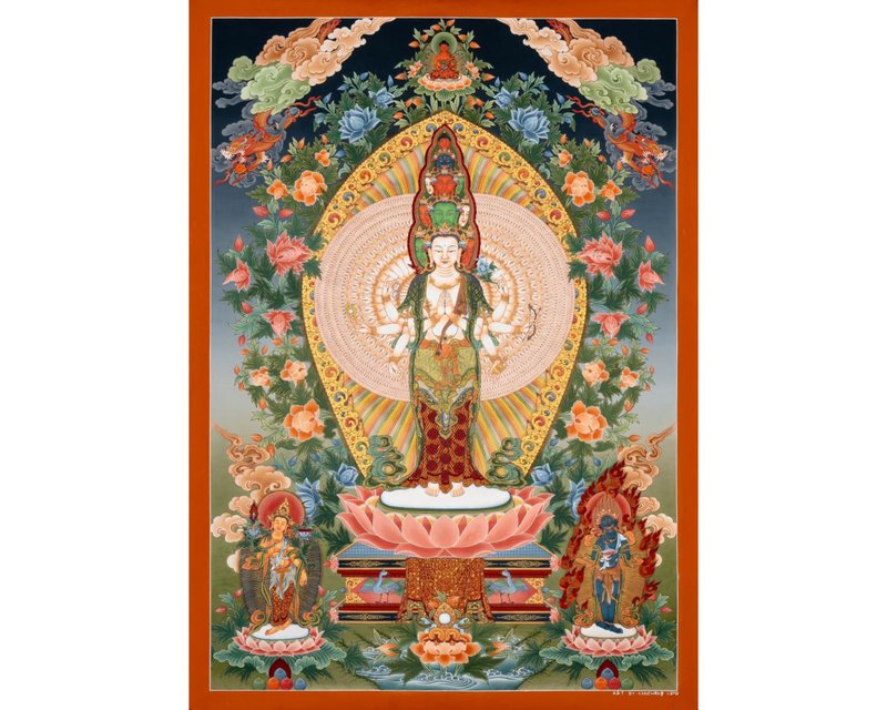 觀音唐卡畫布—喚起無條件的愛的精神藝術 - 壁貼/牆壁裝飾 - 其他材質 多色
