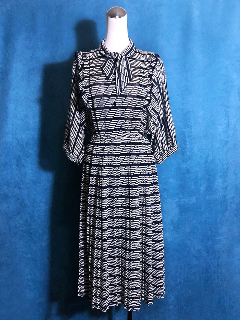 針織領結輕古董洋裝/ 國外帶回 VINTAGE - 洋裝/連身裙 - 聚酯纖維 藍色