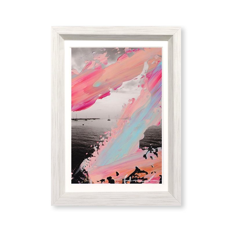 【海の風景】アート - ピンク モノクロ 原画 木製の額縁付き - ポスター・絵 - アクリル ピンク