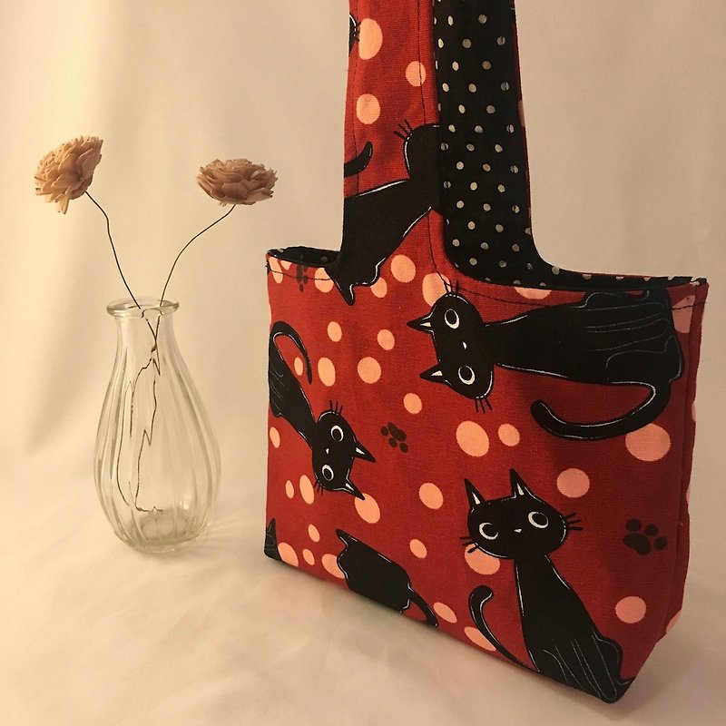 Black Cat Takeaway Drink Cup Bag - Two Cups - ถุงใส่กระติกนำ้ - ผ้าฝ้าย/ผ้าลินิน สีแดง