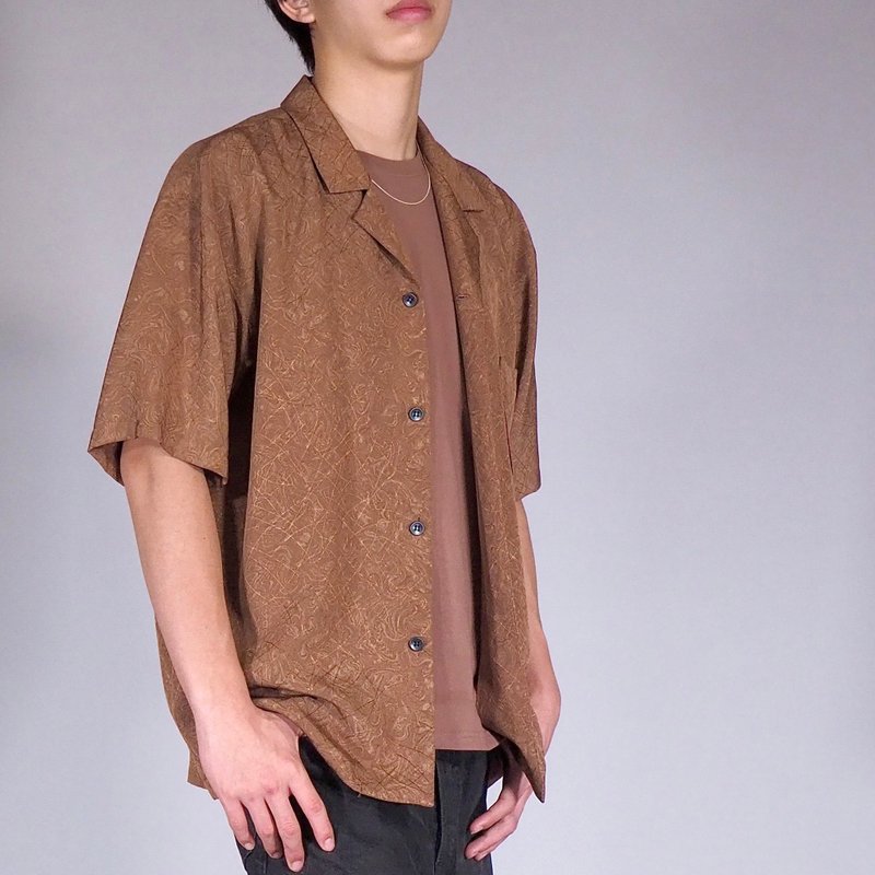 【日本製造】復古絲綢和服翻拍、男士襯衫 L、半袖襯衫 - 男襯衫/休閒襯衫 - 絲．絹 咖啡色
