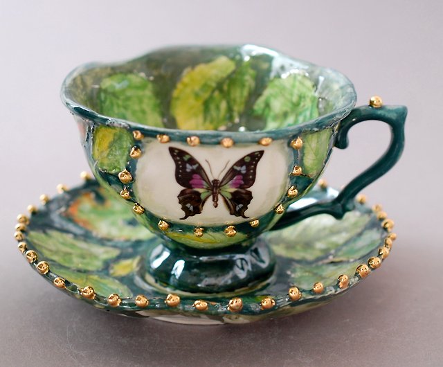 蝶茶コーヒーカップソーサーセット緑の植物陶器黄金のエンドウ豆の質感