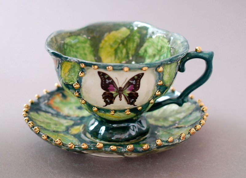 Butterflies Tea coffee Cup Saucer Set Green botanical pottery Golden pea texture - ถ้วย - เครื่องลายคราม สีเขียว