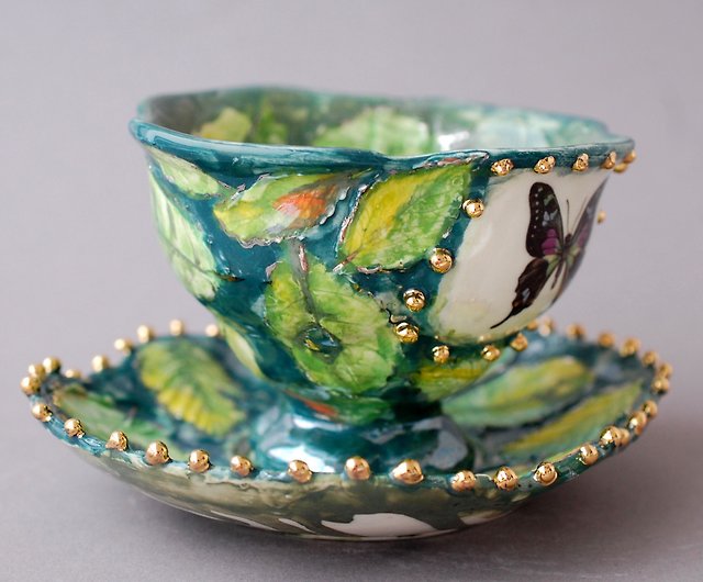 蝶茶コーヒーカップソーサーセット緑の植物陶器黄金のエンドウ豆の質感