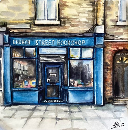 AsheArt Old bookshop painting Original watercolor painting Cityscape painting House art
