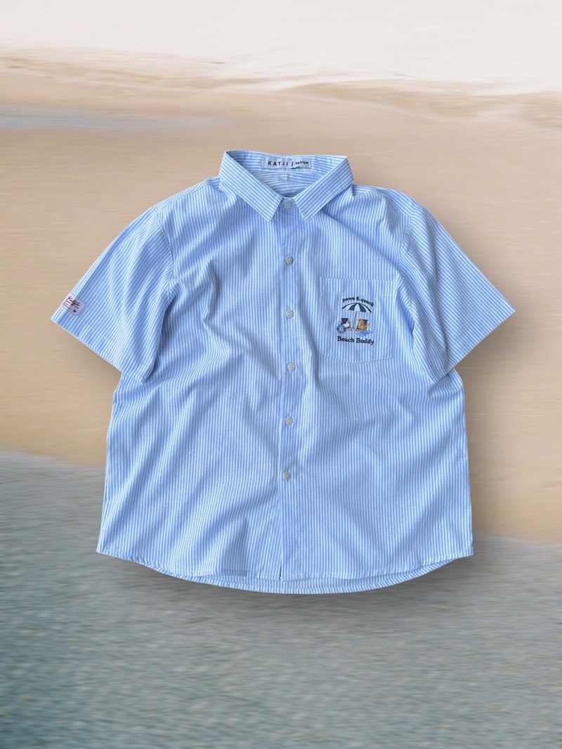 刺绣衬衫 (Embroidery Shirt)  蓝色条纹 (Stripe)  海滩伙伴 - 女襯衫 - 棉．麻 藍色