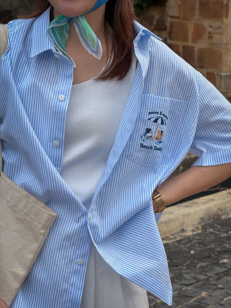 Embroidery Shirt : Blue Stripe : Paws & Quack - เสื้อเชิ้ตผู้หญิง - ผ้าฝ้าย/ผ้าลินิน สีน้ำเงิน
