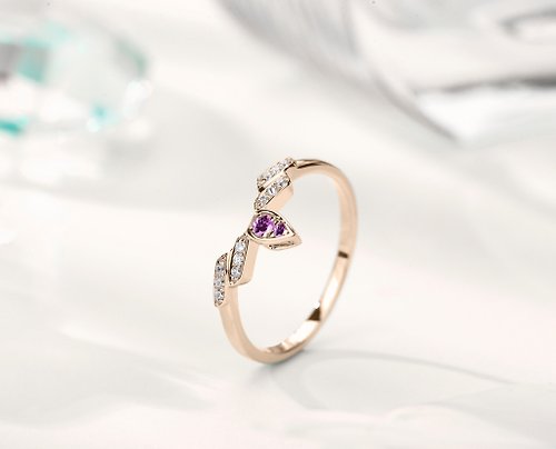 Majade Jewelry Design 紫水晶14k鑽石梨形訂婚戒指 水滴形求婚結婚鑽戒 翅膀聖甲蟲造型