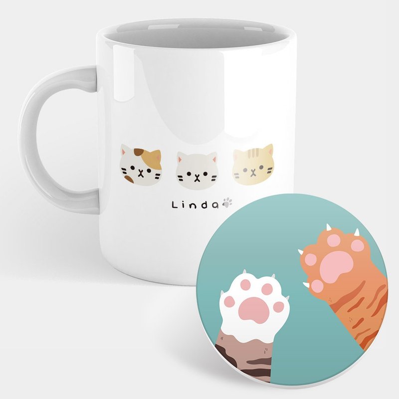 Customized text cute cat head mug coaster PU023 - Mugs - Porcelain Khaki