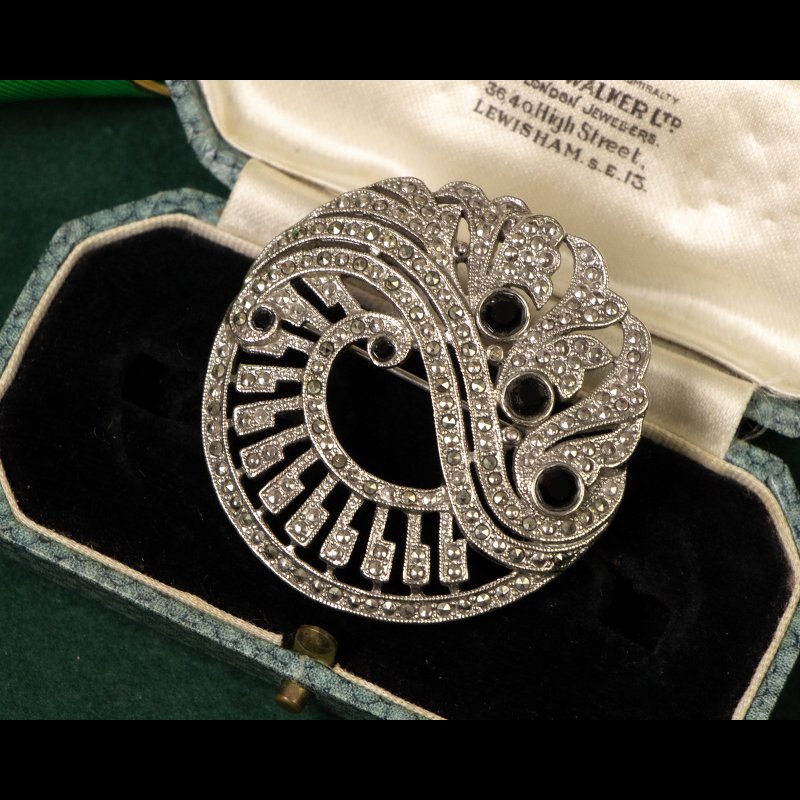 美國1928品牌古董 Art Deco 華麗圓環鑲白鐵礦與黑玻璃 銀色胸針 - 胸針 - 其他金屬 銀色