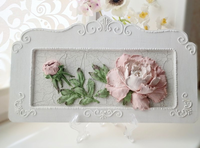 牡丹畫 Peonies painting Painting with pink peonies Peony wall art Mother day gift - 壁貼/牆壁裝飾 - 其他材質 白色