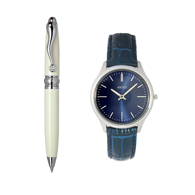 ARTEX square crystal accompanying white tube + 5605 leather watch-royal blue/ Silver 33mm - นาฬิกาผู้หญิง - หนังแท้ สีน้ำเงิน