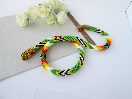 Handmade By Nataniel Green snake necklace bracelet Slytherin necklace Bead crochet necklace ouroboro