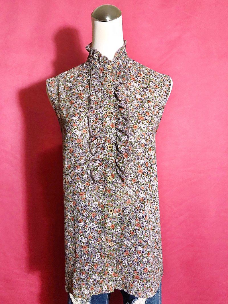 Elegant Ruffled Printed Chiffon Sleeveless Vintage Shirt / Overseas Bring Back VINTAGE - Women's Shirts - Polyester Multicolor