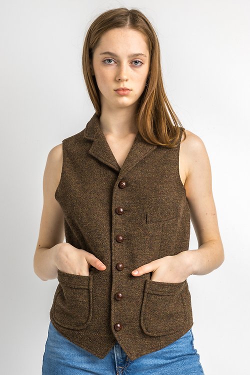 MoodShopGirls 80s Tweed Brown VEST Bodywarmer Leather Buttons Classic Vest 5874