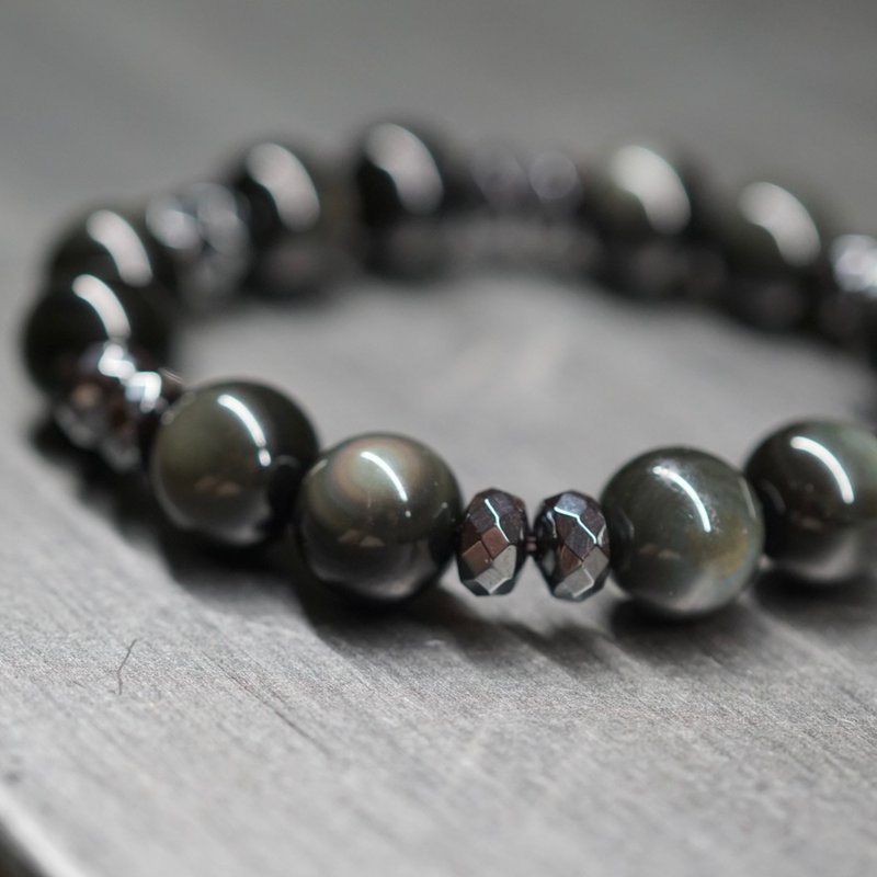 雙面光 黑曜石 赤鐵礦 水晶手鍊 男生禮物 聖誕禮物 原創水晶設計 - 手鍊/手環 - 水晶 黑色
