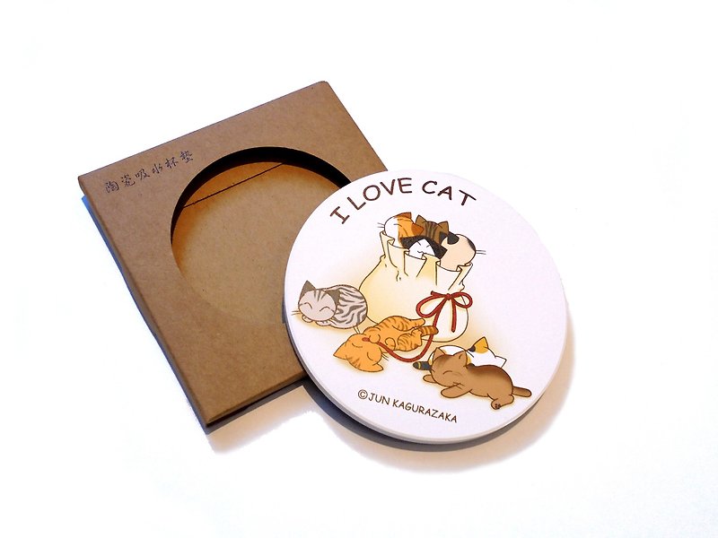 Cat ceramic absorbent coaster ~ cat in the bag - ที่รองแก้ว - ดินเผา ขาว