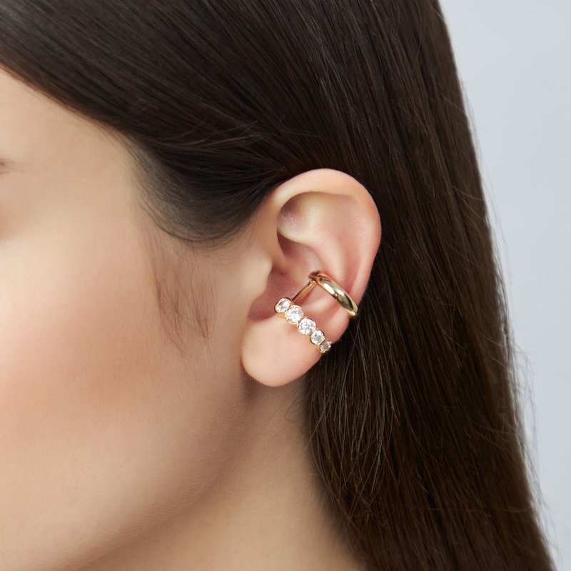 雙環寶石耳扣 925銀厚鍍18K金 Reinforce D Earcuff - 耳環/耳夾/耳骨夾 - 珍珠 金色