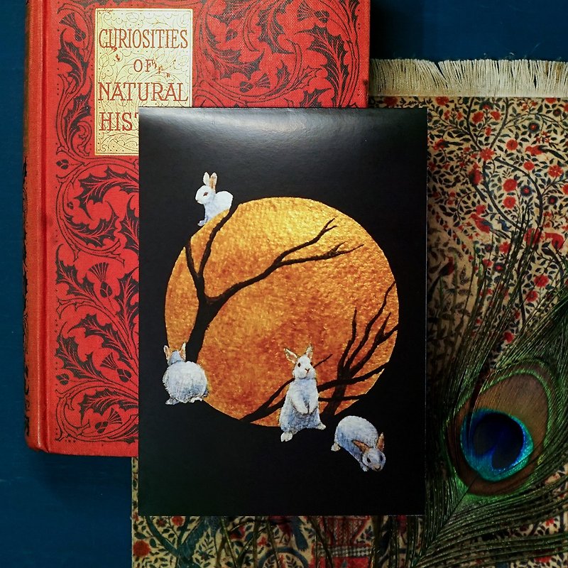 [Full Moon Time] Painting Card | Rabbit Animal Watercolor Greeting Card - การ์ด/โปสการ์ด - กระดาษ สีทอง