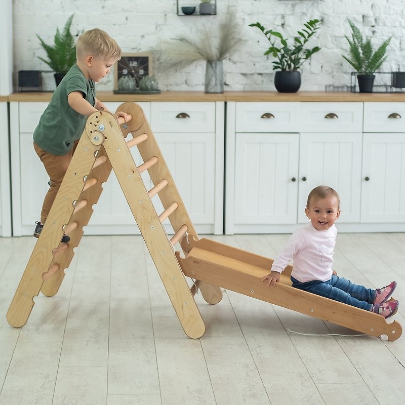 蒙特梭利攀爬架二合一套裝三角梯+滑板/爬坡坡道 - 兒童家具 - 木頭 咖啡色