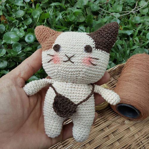 ChiangmaiCotton Natural Dyed Cotton Crochet Doll, Kitty Cat, Off White-Brown