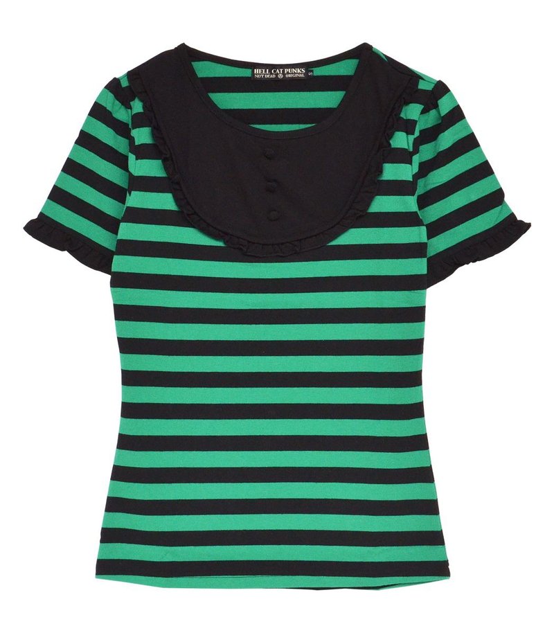 パフスリーブTシャツ/ボーダー/グリーン/ブラック/Sサイズ/hellcatpunks/hcp-c402-01 - 女 T 恤 - 棉．麻 綠色
