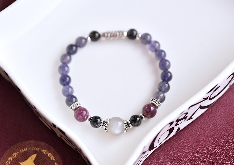 Cordierite + Moonstone + Lepidolite + Black Crystal Sterling Silver Bracelet - Bracelets - Crystal Purple