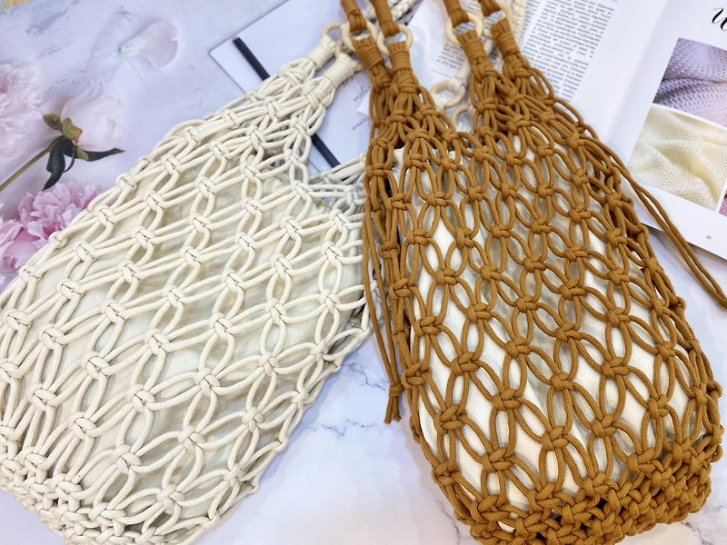 _Macrame _woven mesh bag_summer mesh bag_long strap mesh bag - Other - Cotton & Hemp White