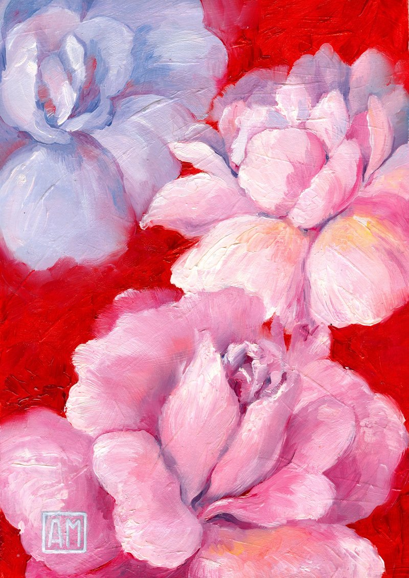 Small original artwork Peonies flowers on a red hand painted oil painting - ตกแต่งผนัง - วัสดุอื่นๆ 