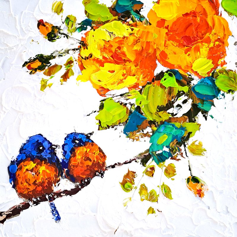 Robin Painting Rose Original Art Red Robin Oil Painting Flower Small Artwork - 海報/掛畫/掛布 - 其他材質 多色