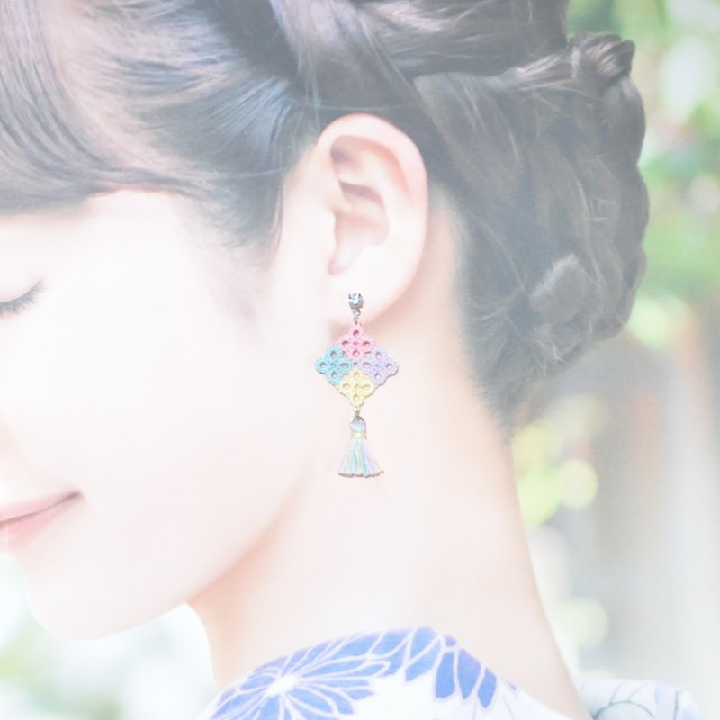 【Made To Order】Mosaic Square Tassel Earrings Tatting – Rainbow - Earrings & Clip-ons - Thread Multicolor