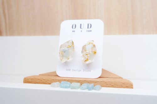OUD OUD原創.天然石系列.勇敢聰慧.海藍寶.14K包金礦石形狀耳環/耳夾