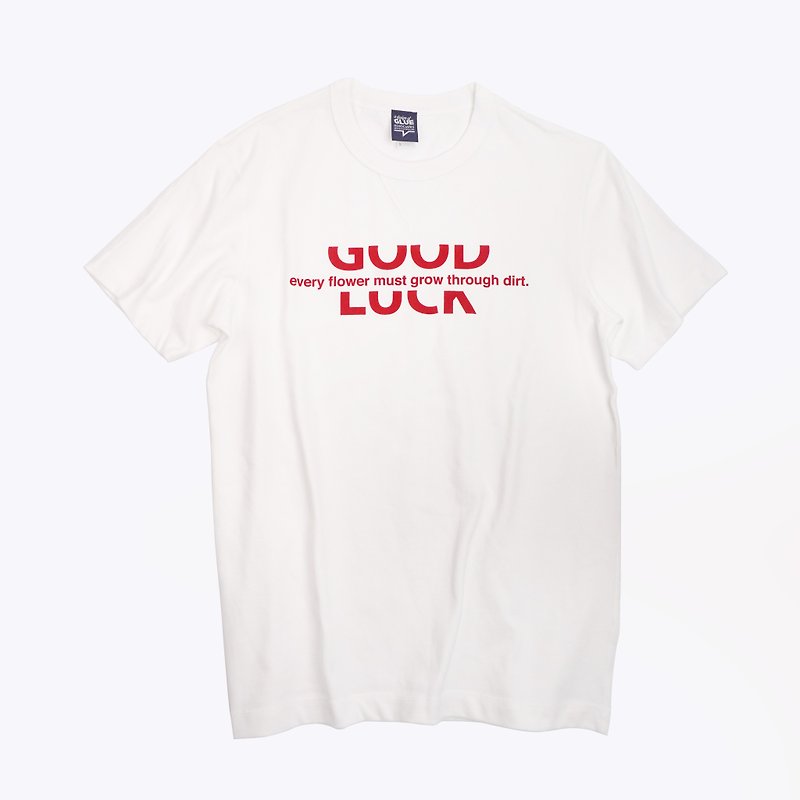 Inspirational GOOD LUCK Soft Bristle Seamless White TEE-Red Letter - Unisex Hoodies & T-Shirts - Cotton & Hemp White