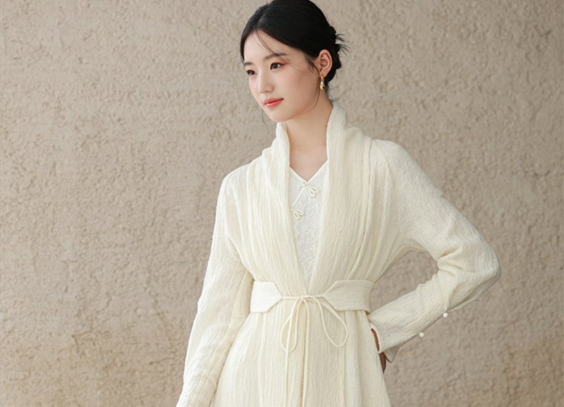 New Chinese style Zen tea dress pleated texture long wool coat - Women's Tops - Wool White