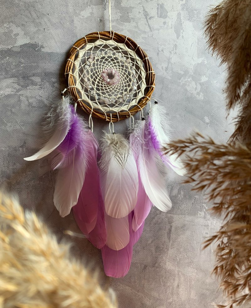 Handmade Purple Dream Catcher | Natural Willow | Perfect Gift for Girls - 壁貼/牆壁裝飾 - 繡線 粉紅色