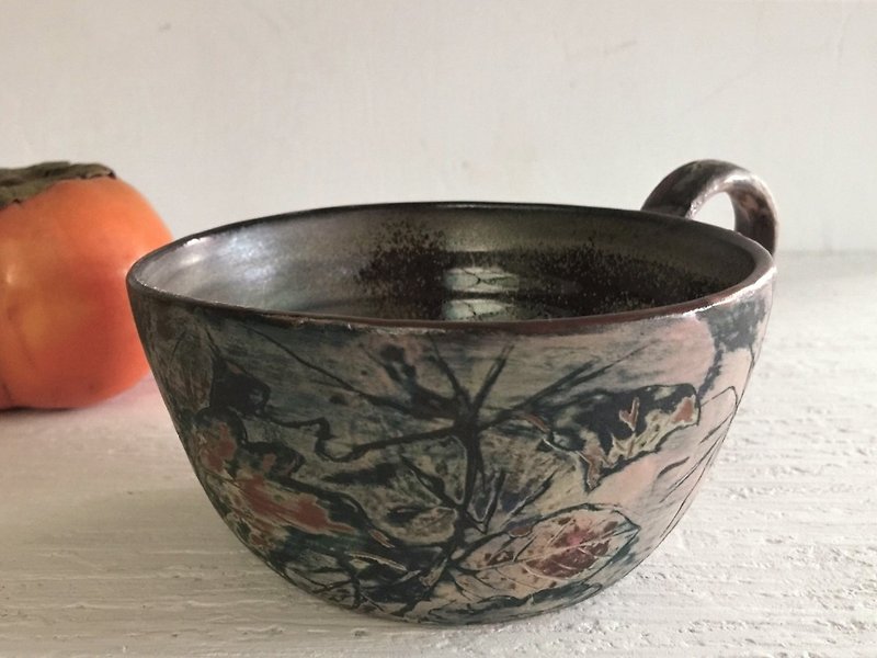 Full maple leaf wide mouth cup _ pottery mug - แก้วมัค/แก้วกาแฟ - ดินเผา สีเขียว