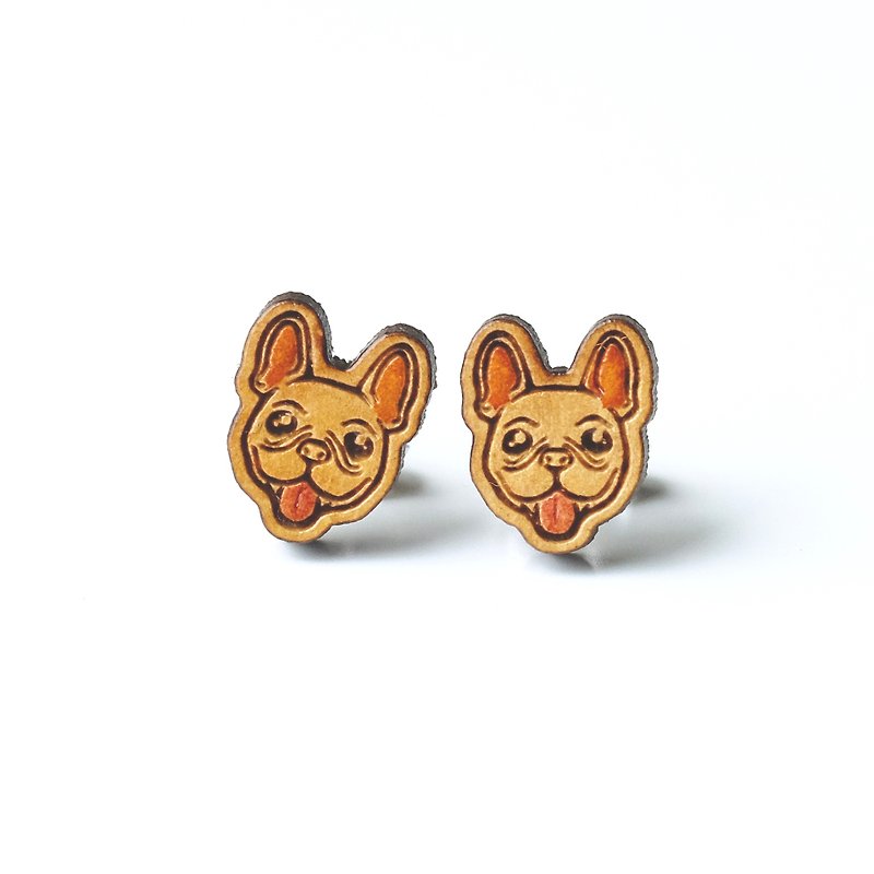 Painted wood earrings-French Bulldog - Earrings & Clip-ons - Wood Brown