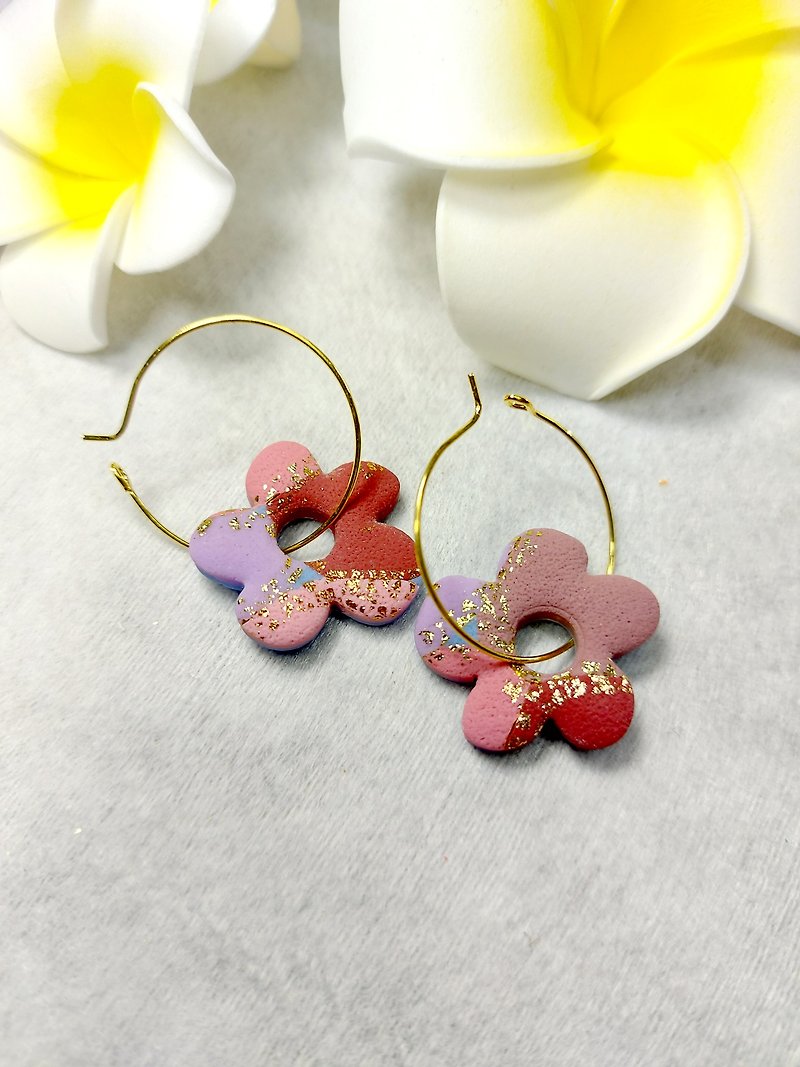 Polymer pottery earrings - Purple gold, red and pink color matching earrings - ต่างหู - ดินเหนียว สีม่วง