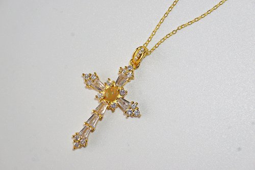 roseandmarry Natural Opal Cross Pendant and Necklace Sterling Silver 925 with Gold plated.