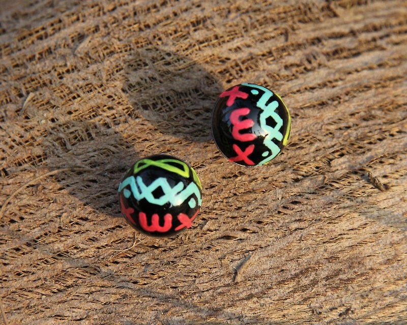 Black round bead earrings geometric totem hand drawn - Earrings & Clip-ons - Plastic Black