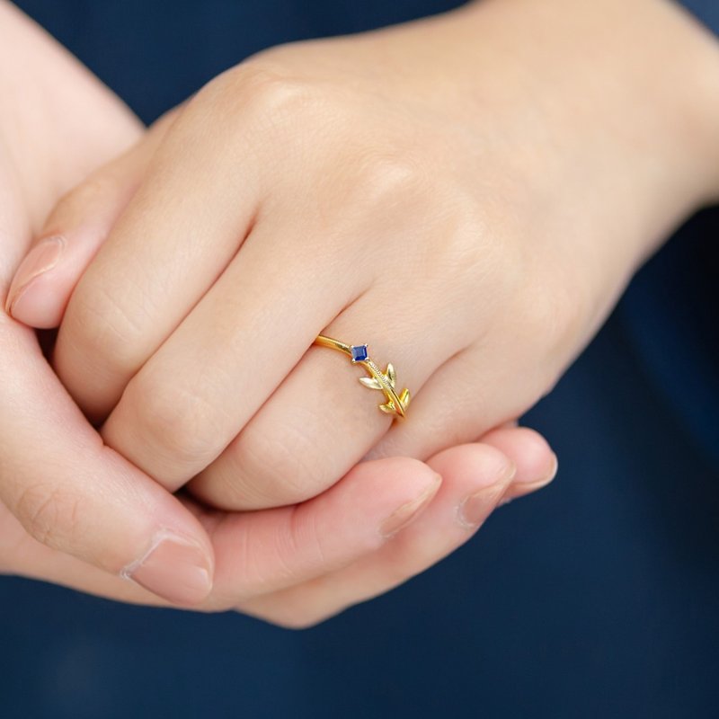 Princess Cut Sapphire 18K Laurel Leaf Ring - General Rings - Gemstone Blue