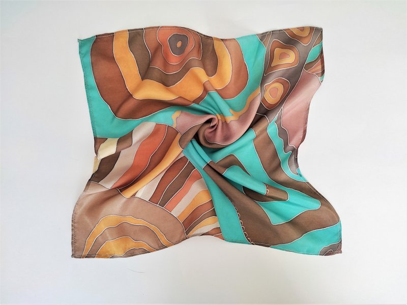 Small square silk neck scarf Hand painted silk scarf brown with turquoise - 絲巾 - 絲．絹 咖啡色