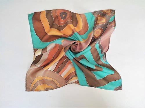 Enya Small square silk neck scarf Hand painted silk scarf brown with turquoise