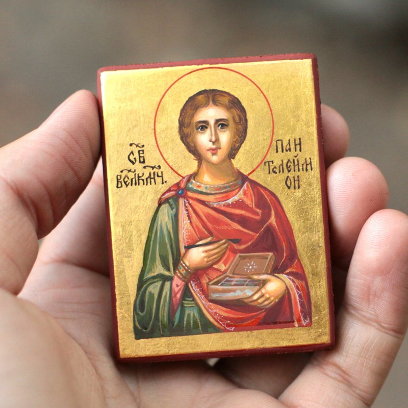 hand painted orthodox wood icon Saint Holy Panteleimon pocket size painting - 其他 - 木頭 金色