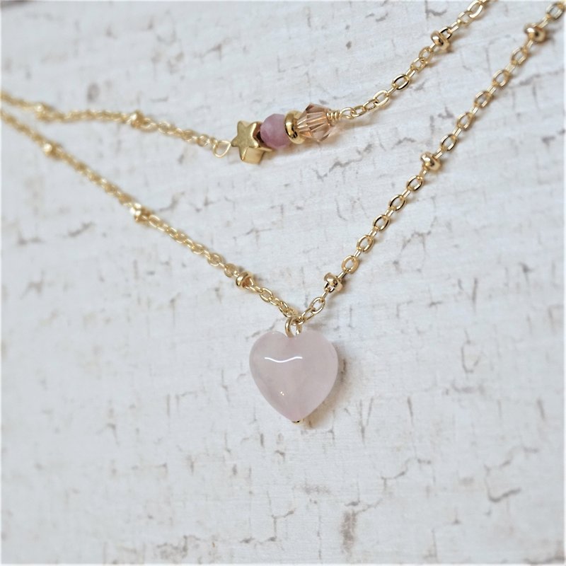 << Love Wishing Star-Natural Stone Double Necklace >> Love Pink Crystal Mineral Powder Tourmaline - Necklaces - Semi-Precious Stones Pink