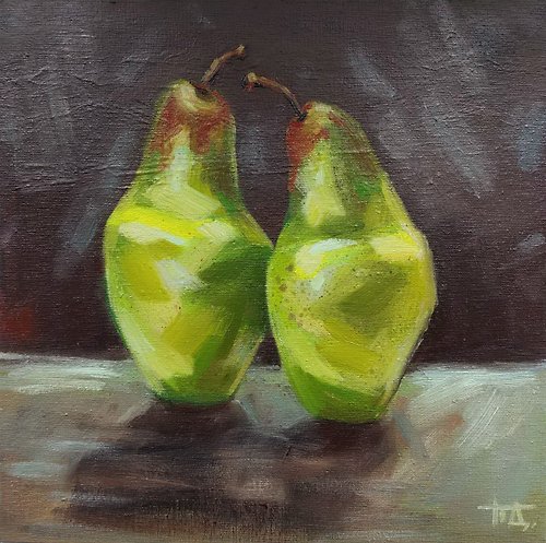 Diven.art Original oil painting on canvas Still life Green pears 20x20 cm Impressionism