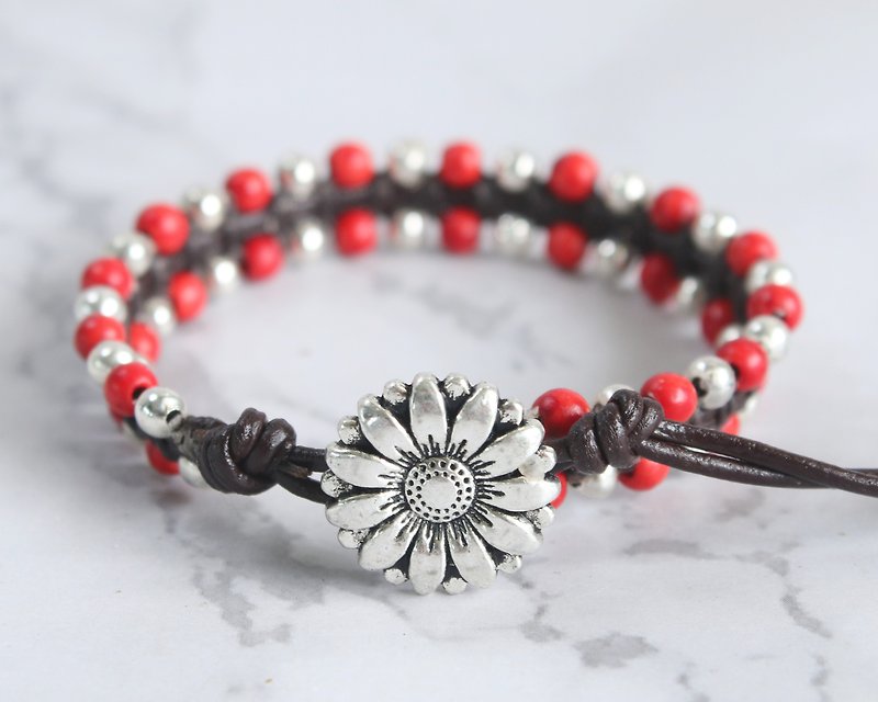 Beautiful Red Coral Leather Daisy Flower Bracelets For Women Best Friends Gift - 手鍊/手鐲 - 真皮 紅色