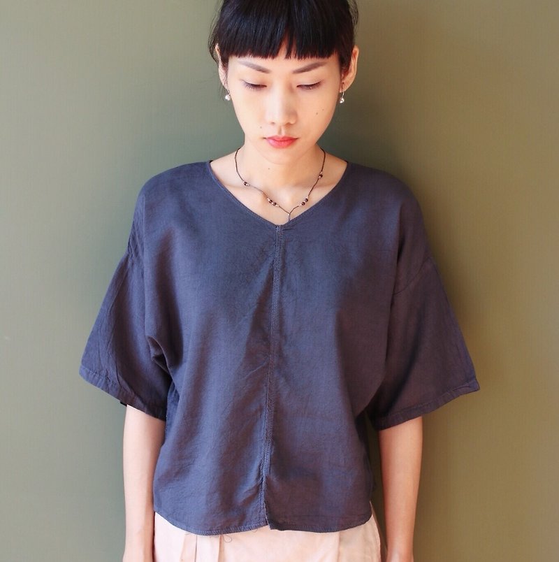 OMAKE Select short version of the summer middle stitching traditional cotton tops - เสื้อผู้หญิง - ผ้าฝ้าย/ผ้าลินิน สีน้ำเงิน